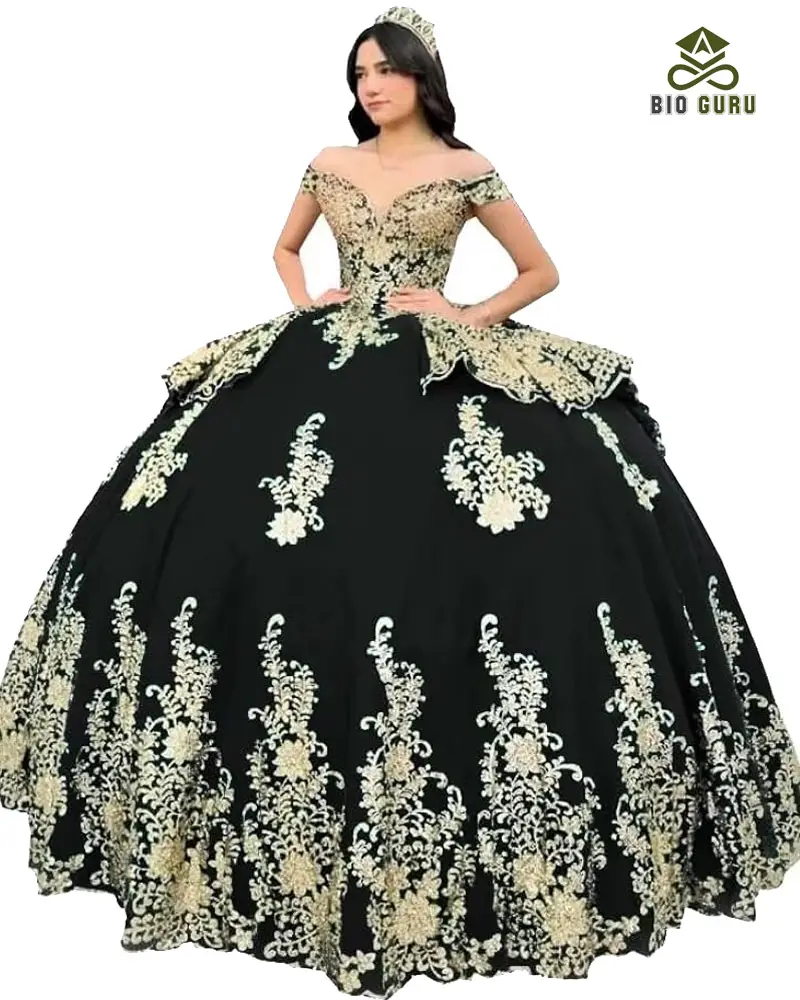 Applique Glitter Black and Gold Ball Gown