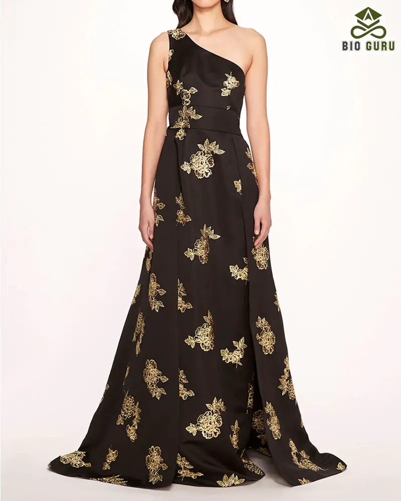 One-shoulder long Black and Gold Dress